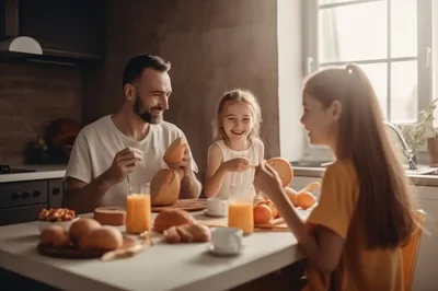 Father And Daughters Having Breakfast In Kitchen