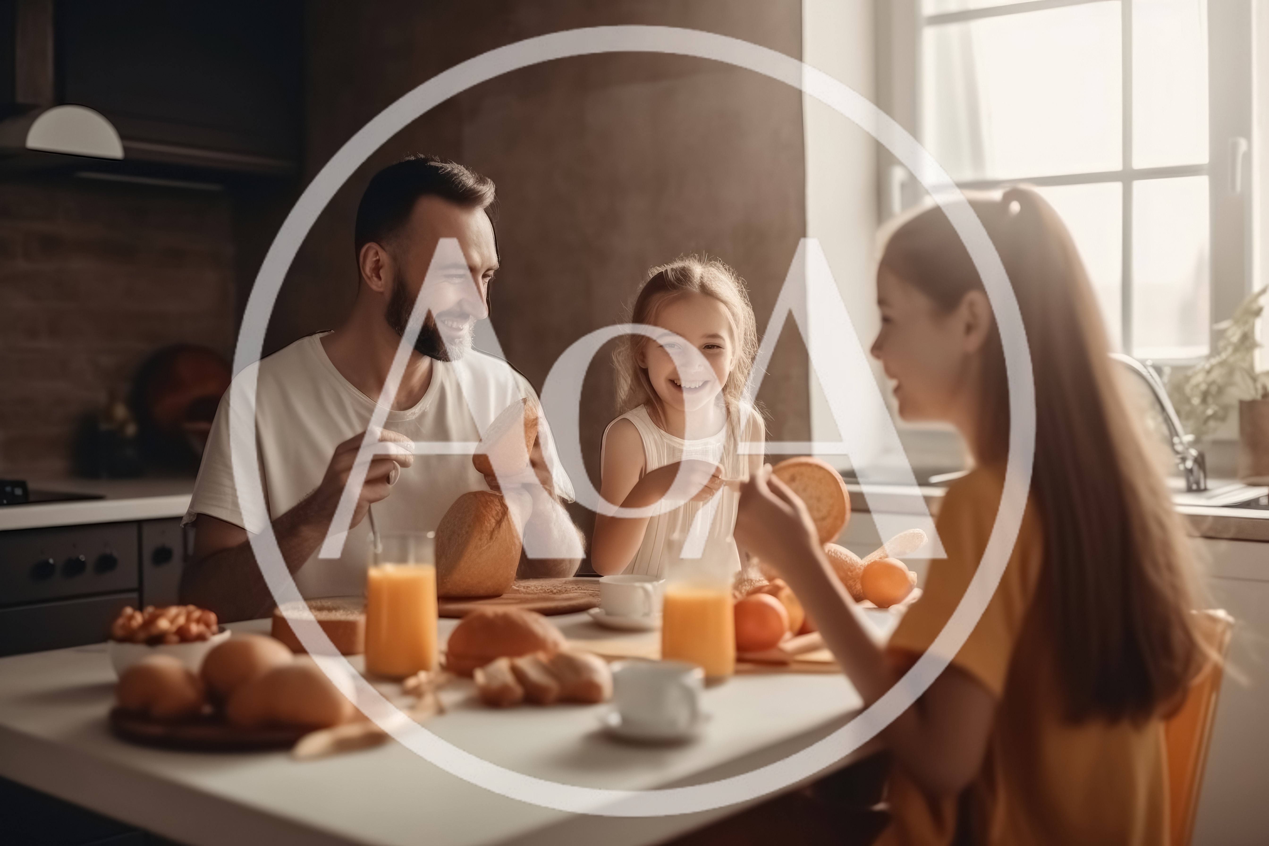 Father And Daughters Having Breakfast In Kitchen