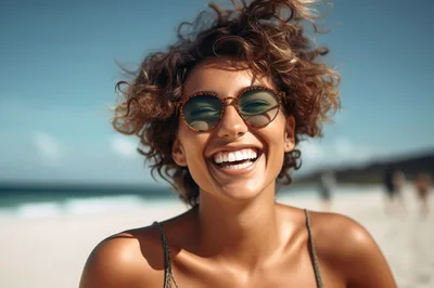 Happy Woman With Curly Hair Smiling On Beach