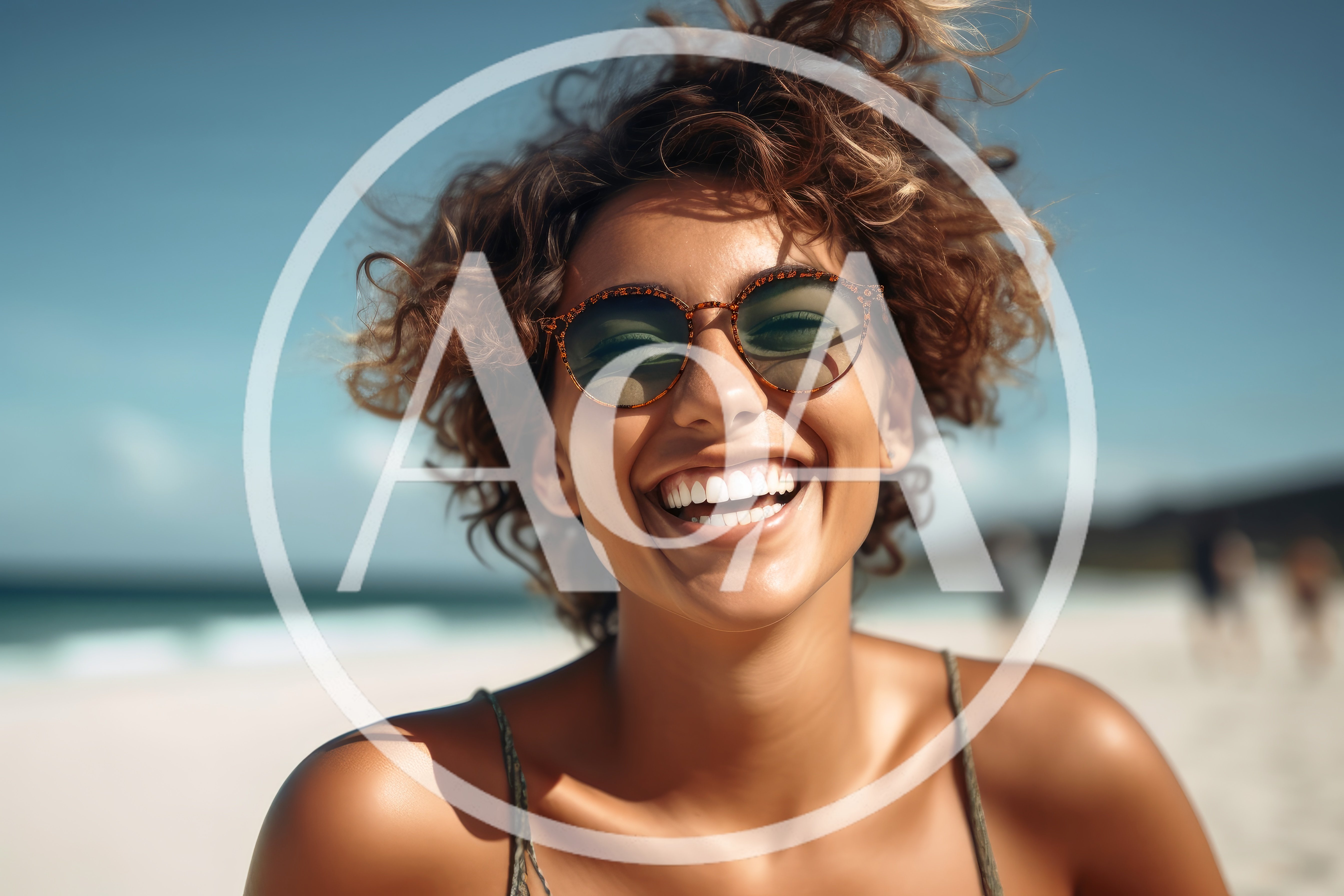 Happy Woman With Curly Hair Smiling On Beach