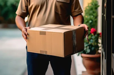 Delivery Person Holding Cardboard Package At Doorstep