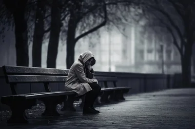 Sad Woman Sitting Alone On A Park Bench
