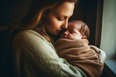 Mother Gently Embracing Her Sleeping Newborn Baby