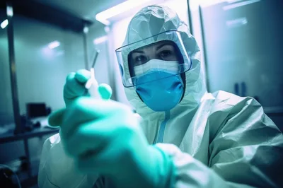 Scientist in Hazmat Suit Preparing Medical Injection
