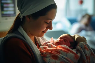 Mother Holding Her Newborn Baby In Hospital