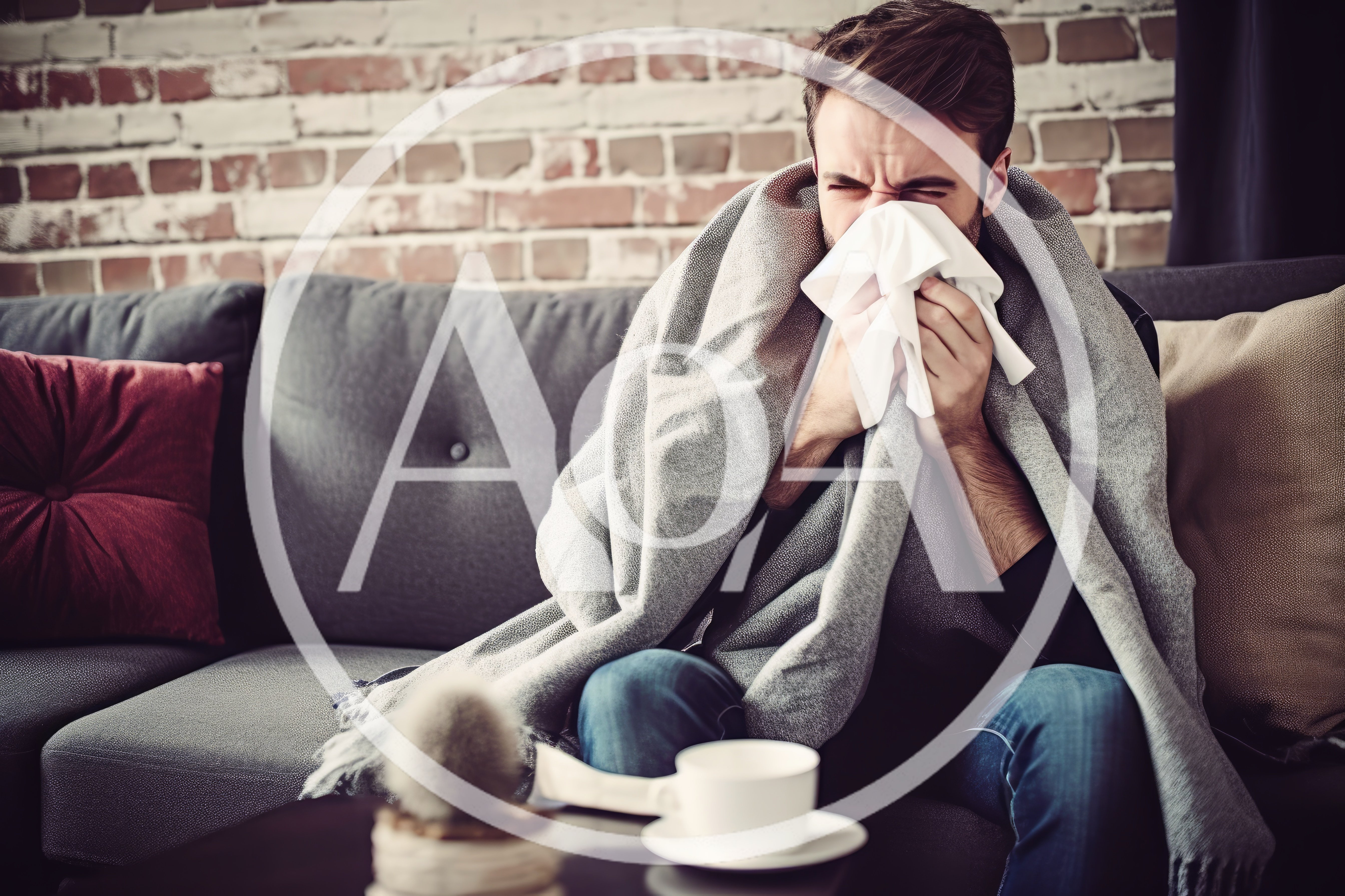 Sick Man Blowing Nose While Wrapped In Blanket