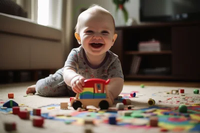 Happy Baby Playing With Wooden Toy Car