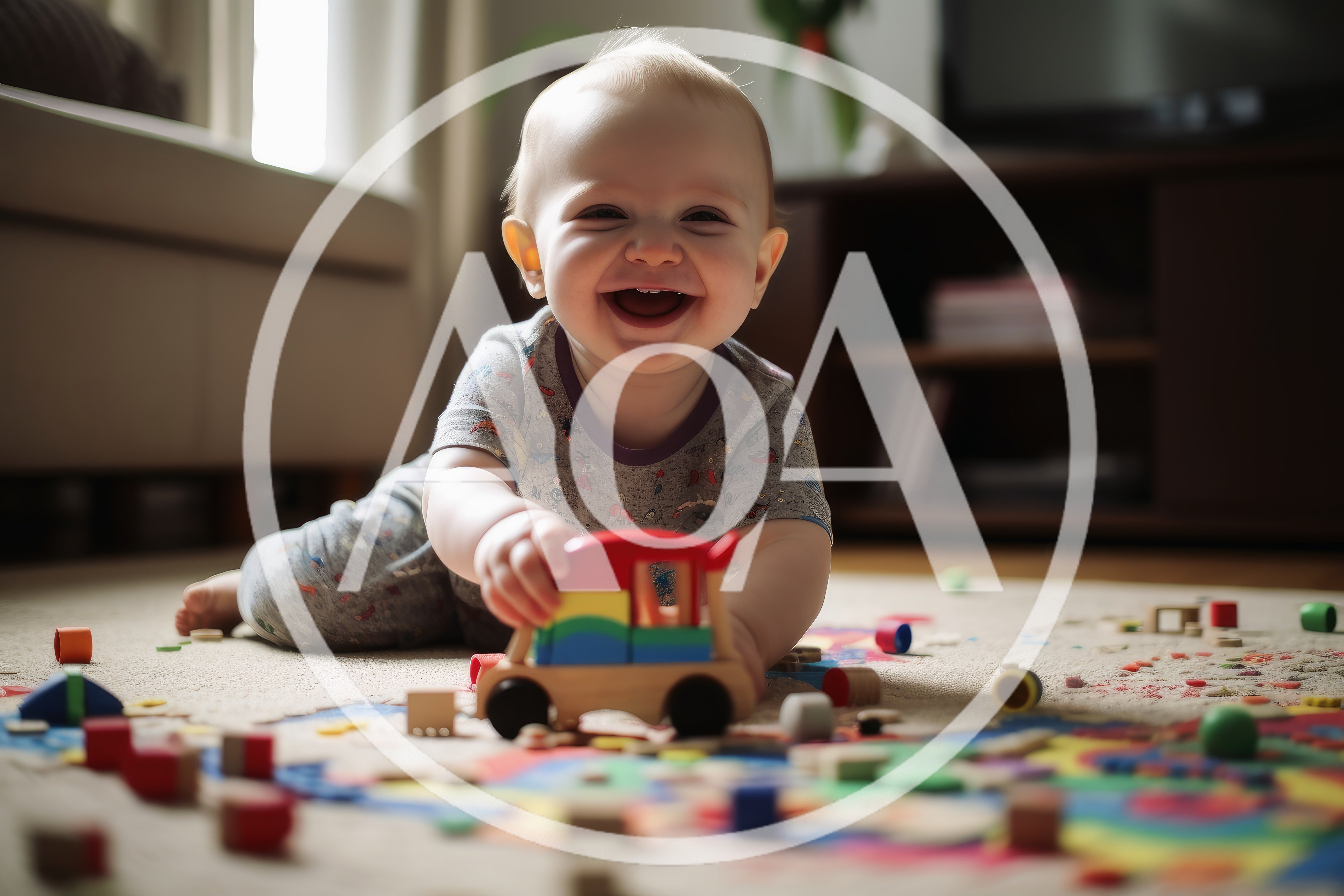 Happy Baby Playing With Wooden Toy Car