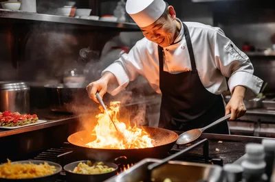 Professional Chef Stir Frying Food In A Wok