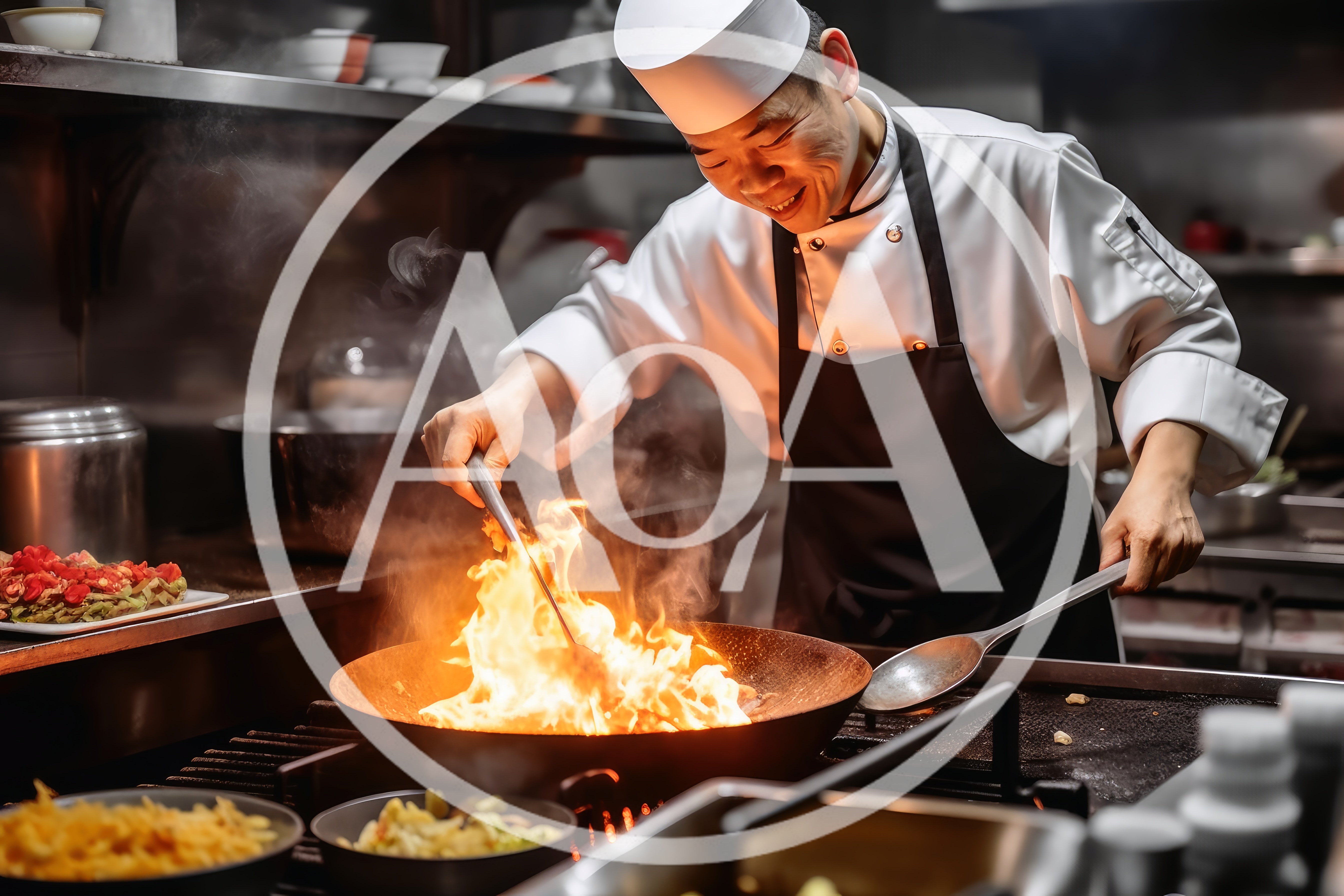 Professional Chef Stir Frying Food In A Wok