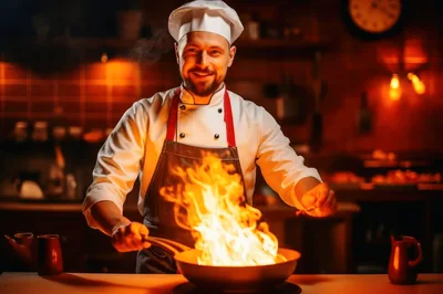 Professional Chef Cooking With Fire In Restaurant Kitchen