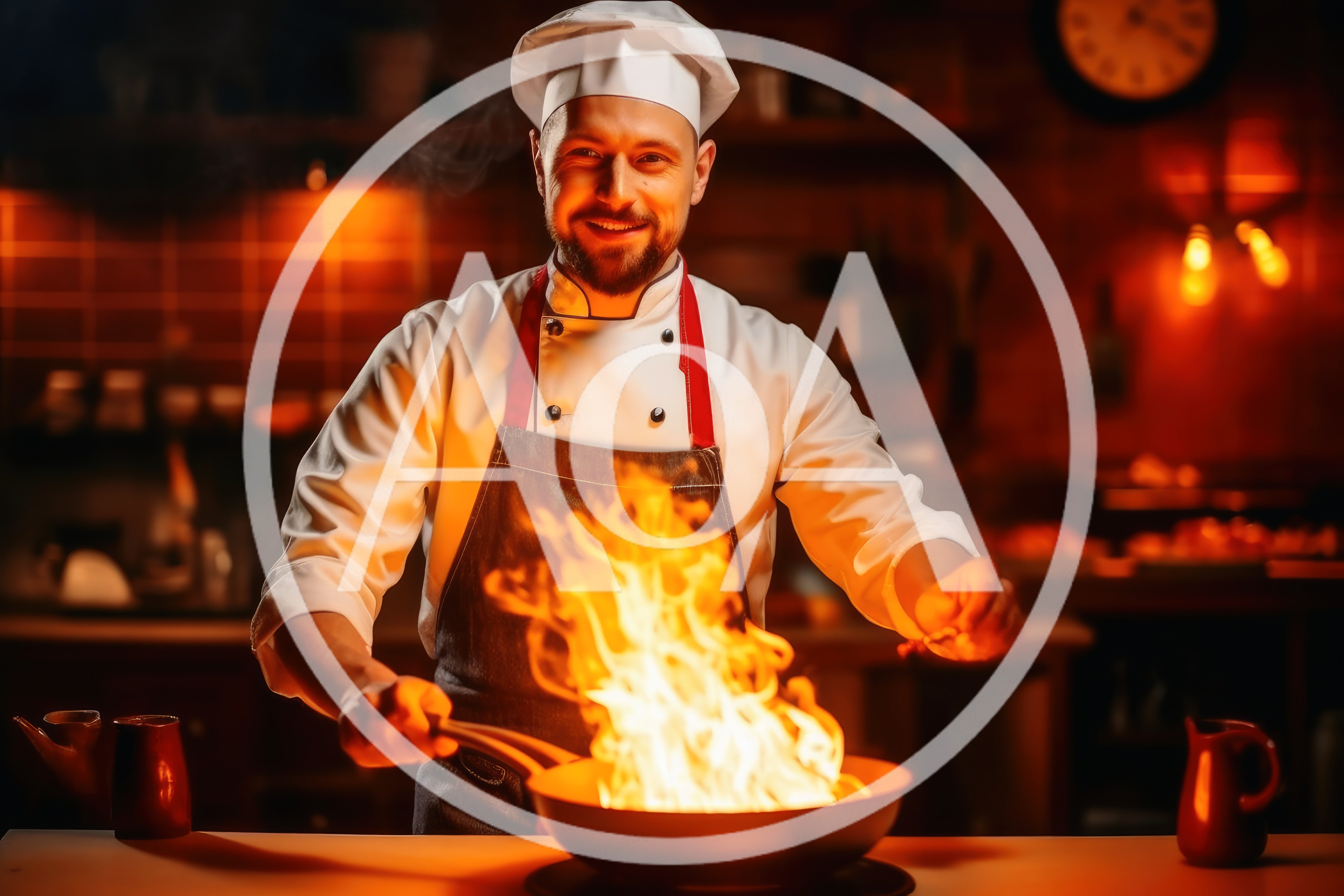 Professional Chef Cooking With Fire In Restaurant Kitchen