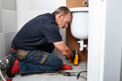 Professional Plumber Repairing Sink Pipes In Bathroom