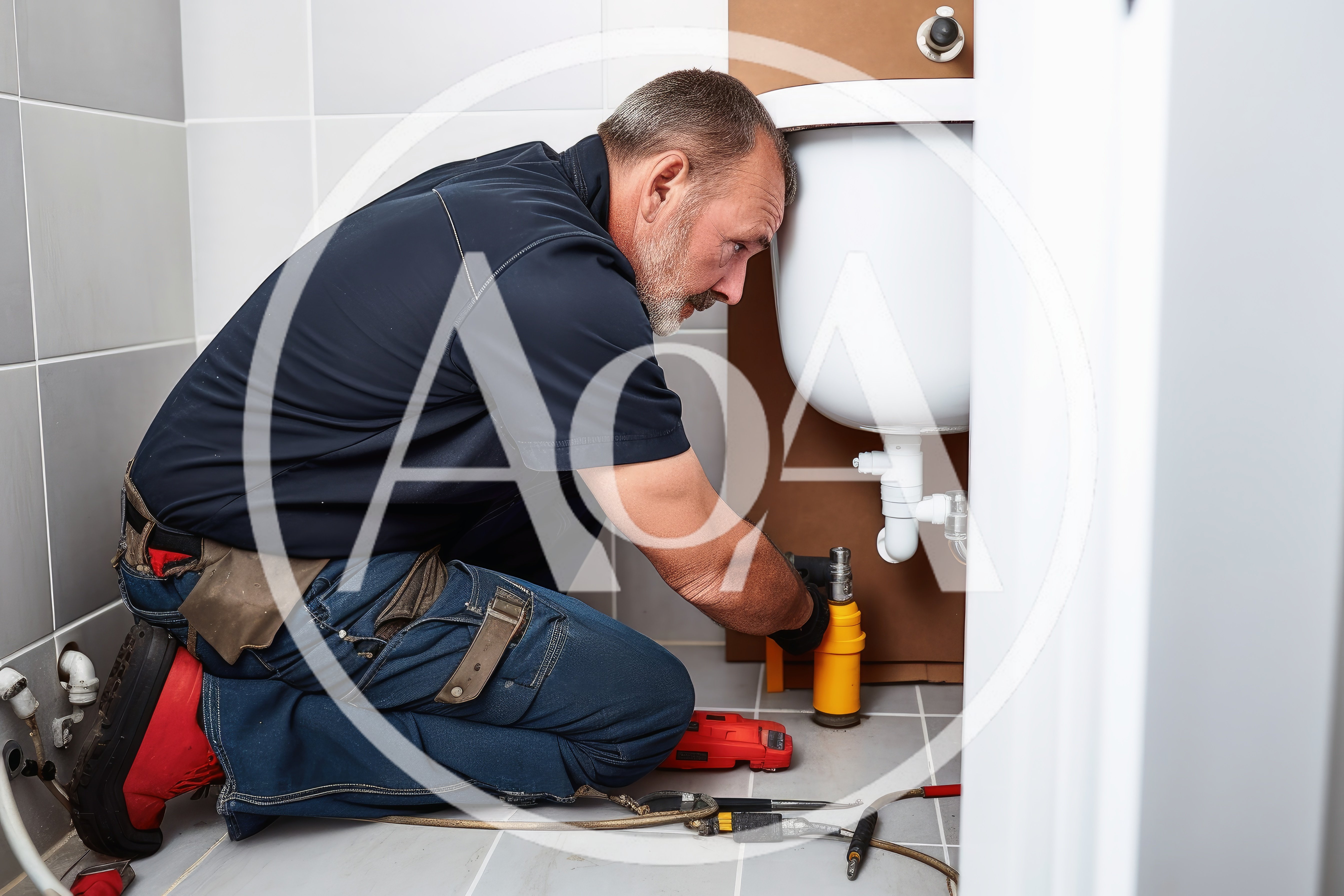 Professional Plumber Repairing Sink Pipes In Bathroom