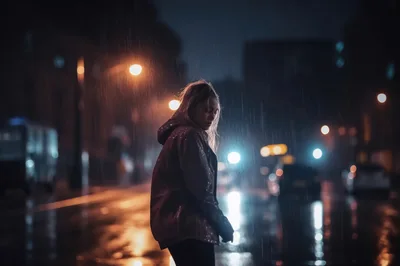 Young Woman Standing Alone Under Rain at Night