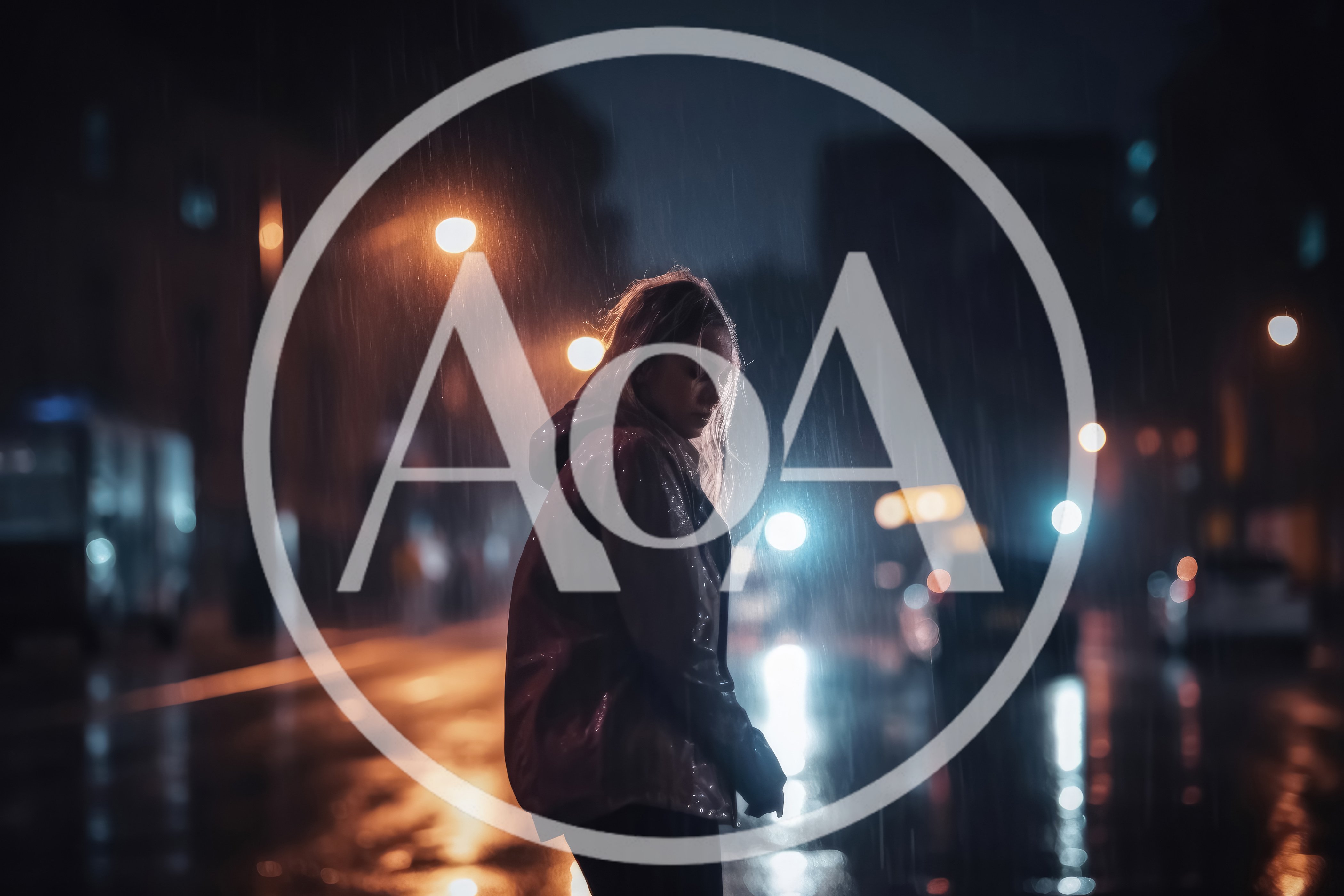 Young Woman Standing Alone Under Rain at Night