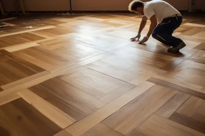 Professional Craftsman Installing Hardwood Parquet Flooring