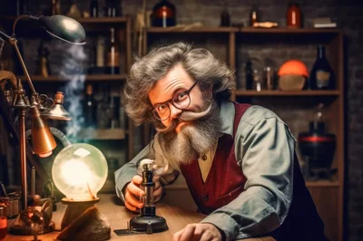 Eccentric Scientist Conducting Experiments In A Vintage Laboratory