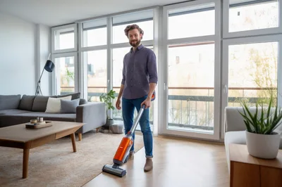 Young Man Cleaning Living Room Floor With Vacuum