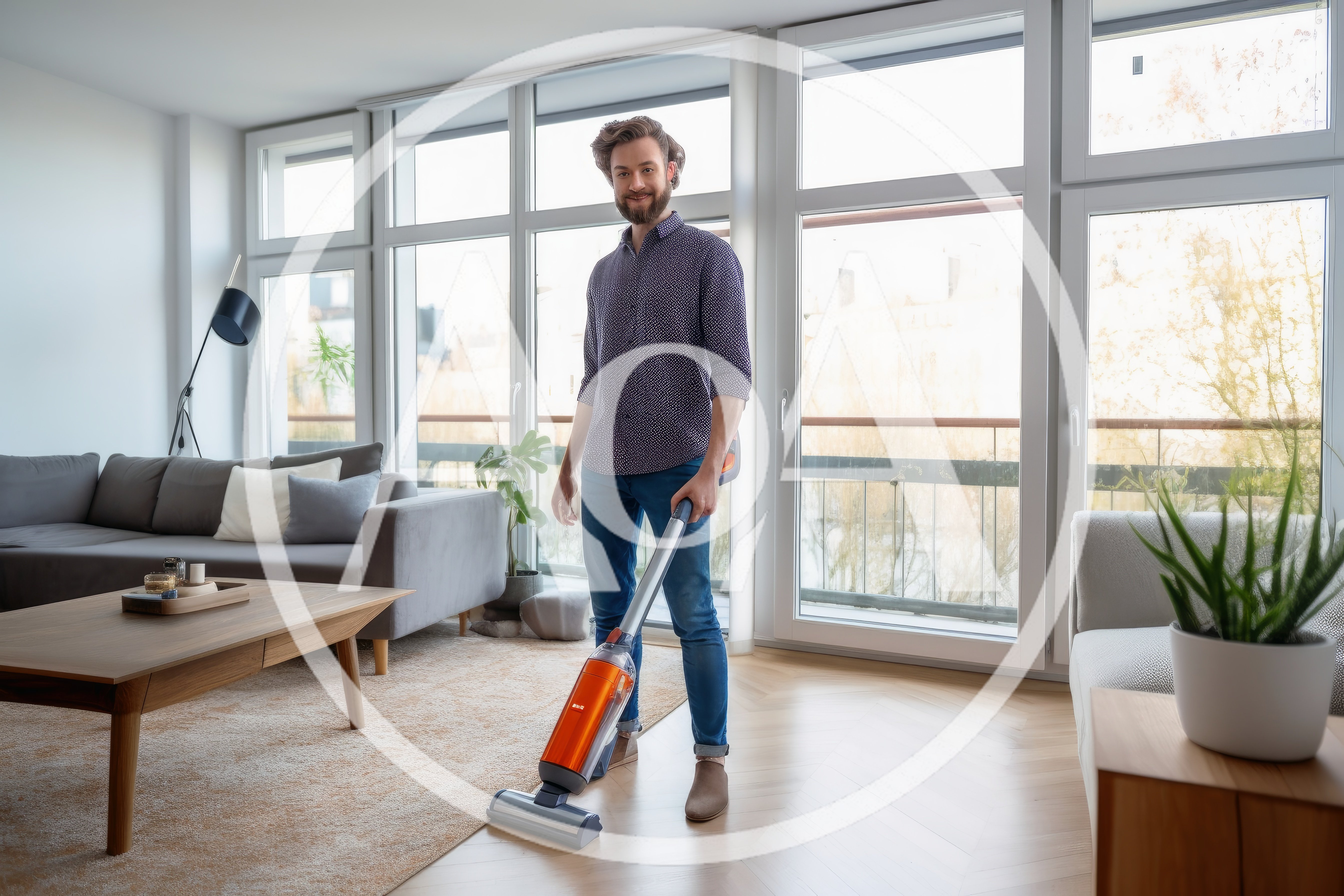 Young Man Cleaning Living Room Floor With Vacuum