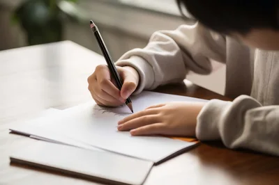 Child Writing With Pencil On Paper At Desk
