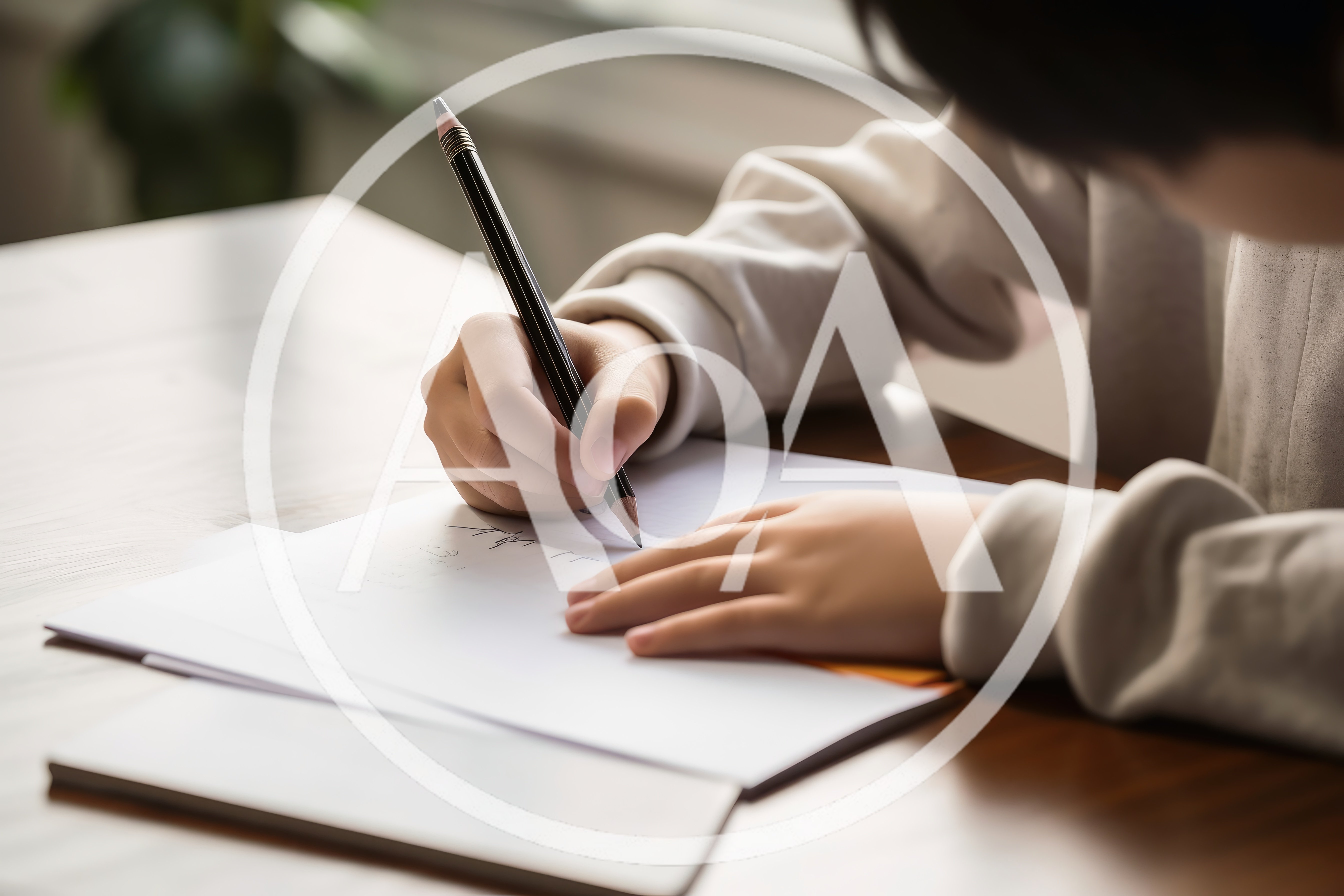 Child Writing With Pencil On Paper At Desk