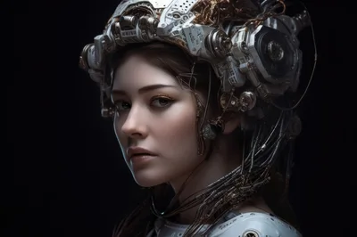 Portrait of a Cybernetic Woman with Mechanical Headgear