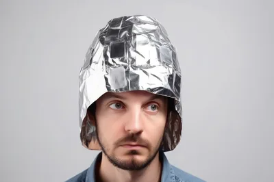 Man Wearing A Homemade Tin Foil Hat