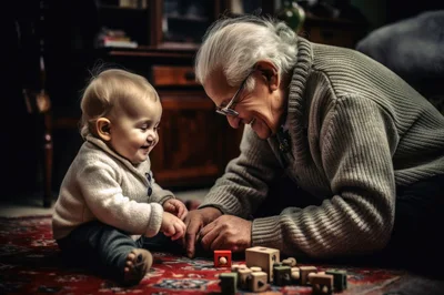 Grandfather Playing With Baby On Living Room Floor