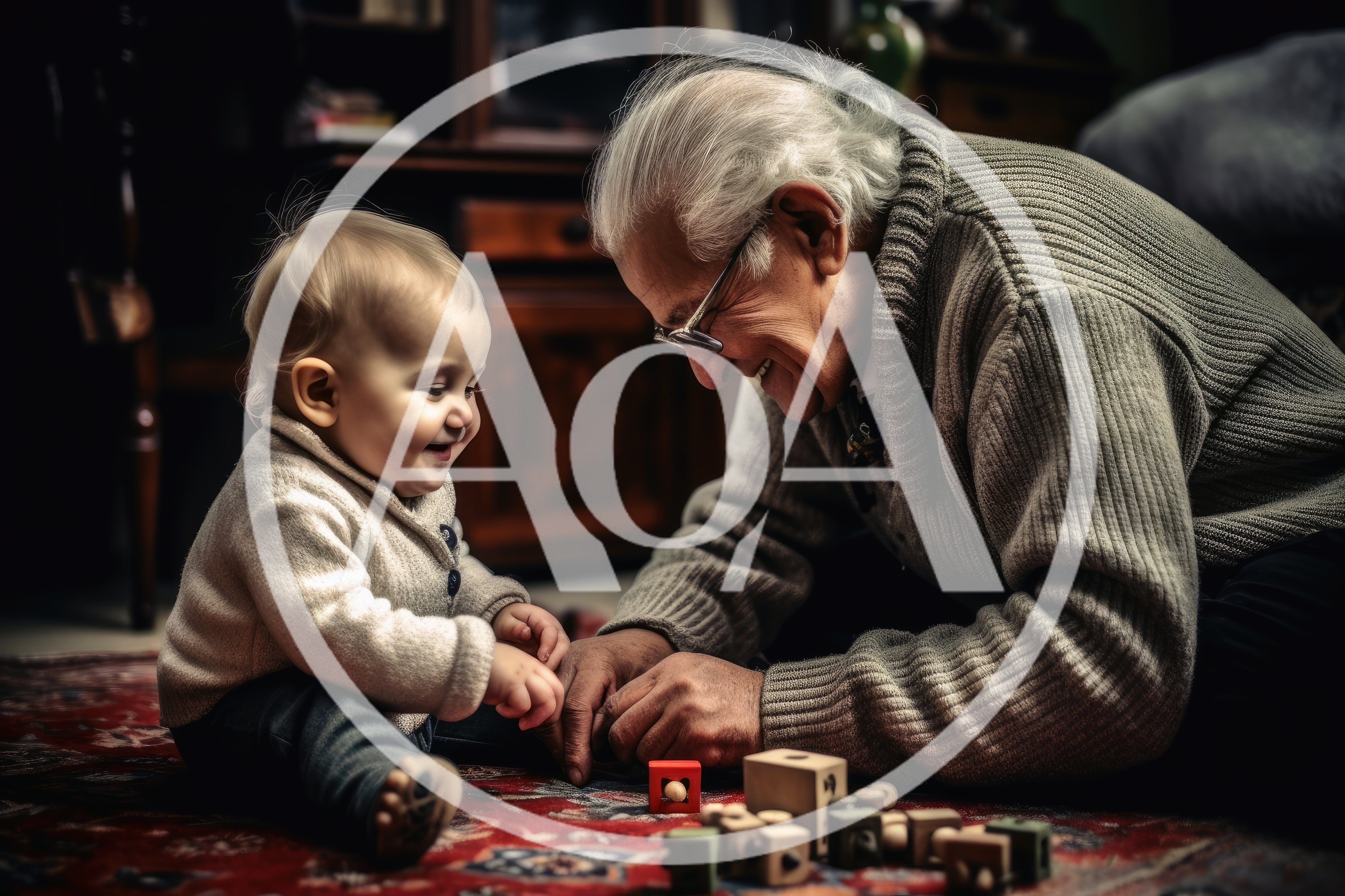Grandfather Playing With Baby On Living Room Floor