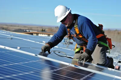 Solar Panel Technician Installing Photovoltaic System On Roof