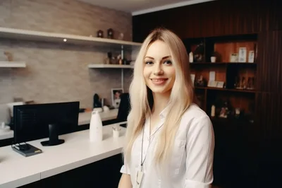 Professional Receptionist Smiling At Office Desk