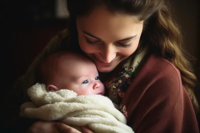 Mother Holding Her Newborn Baby In A Warm Embrace