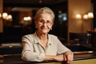 Portrait of an Elegant Senior Woman at a Reception Desk