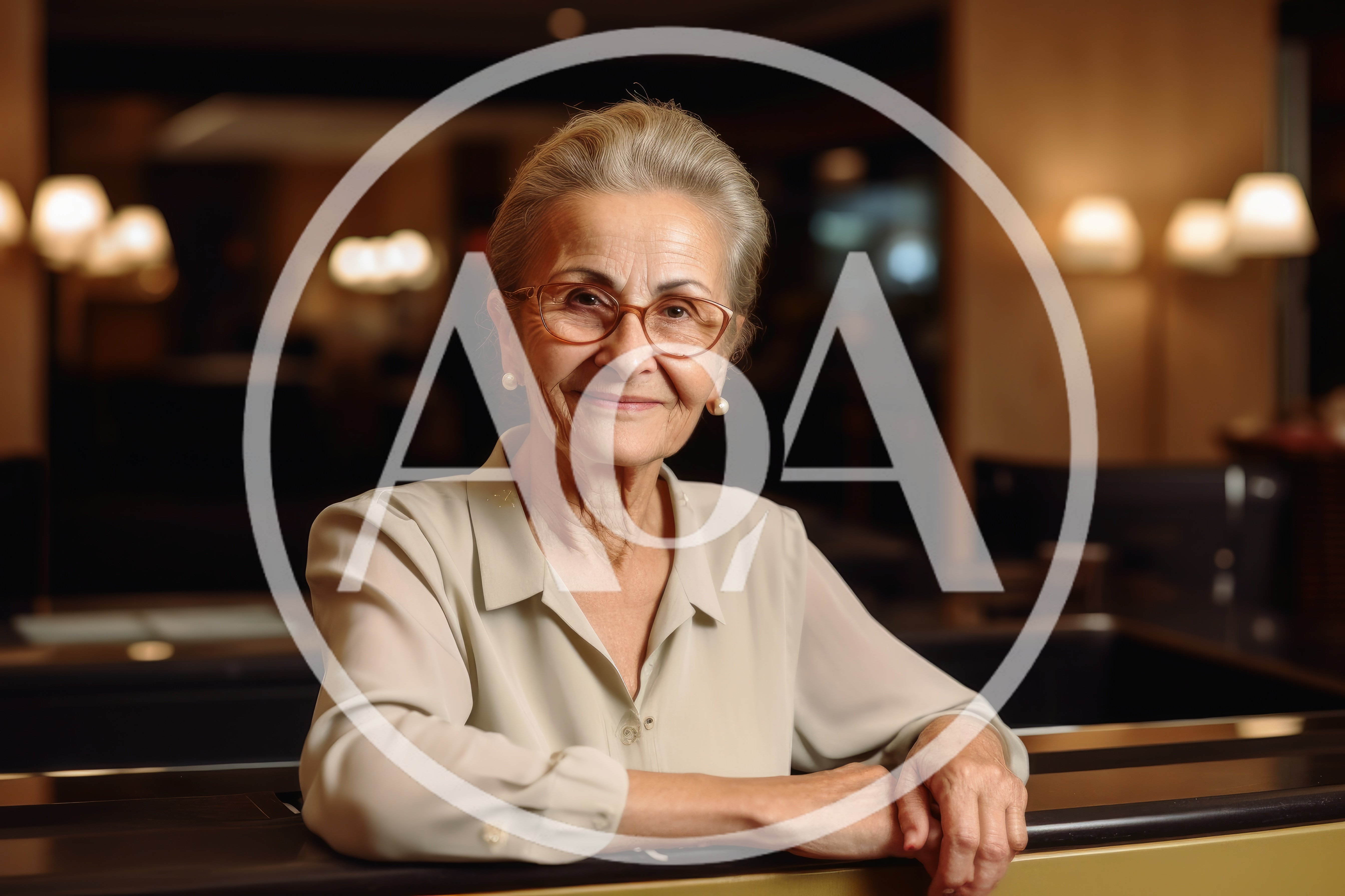 Portrait of an Elegant Senior Woman at a Reception Desk