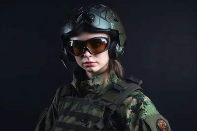Female Soldier Wearing Tactical Gear And Protective Helmet