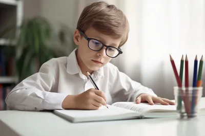 Young Boy Wearing Glasses Writing In A Notebook