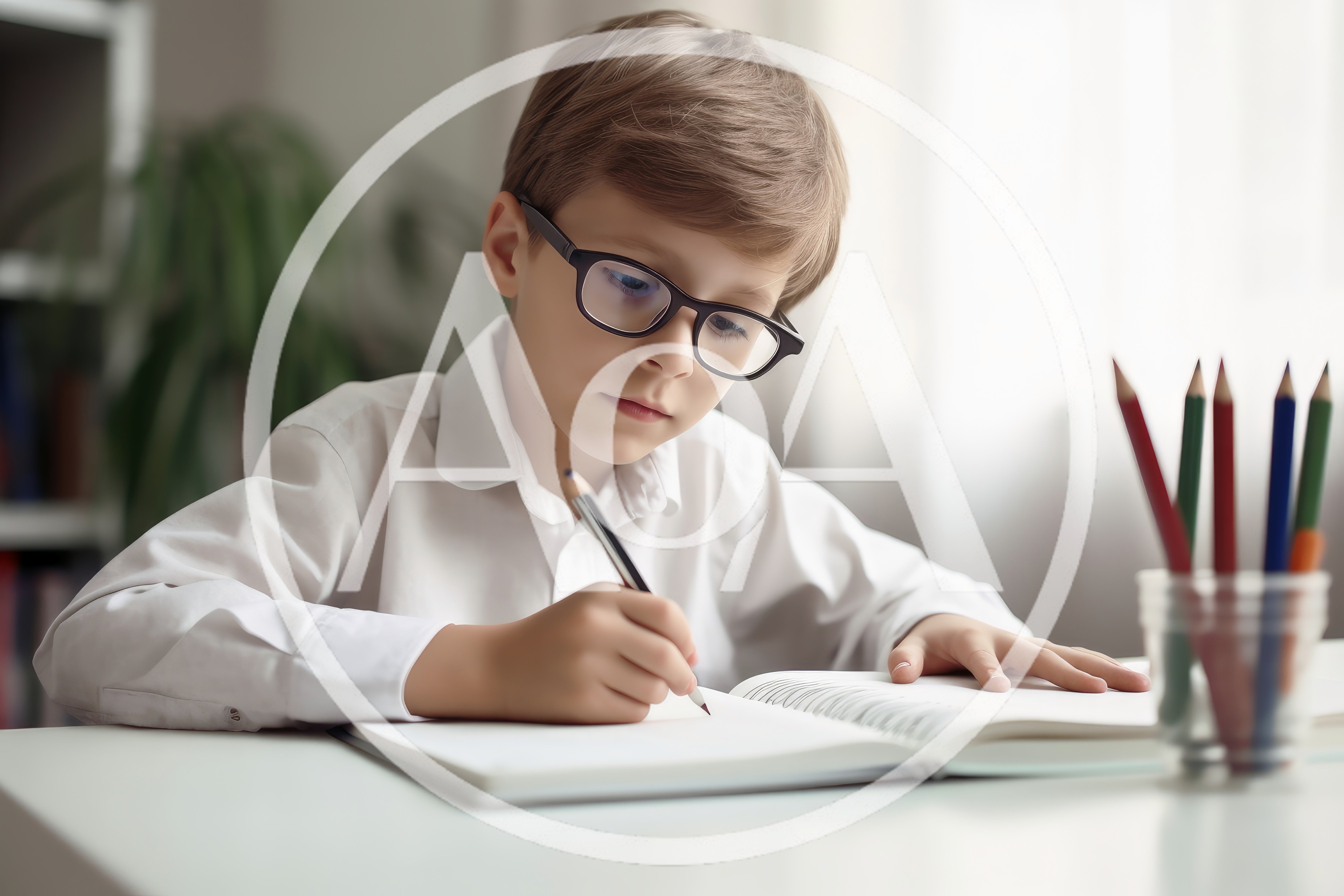 Young Boy Wearing Glasses Writing In A Notebook