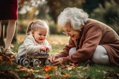 Grandmother Playing With Toddler In Autumn Park