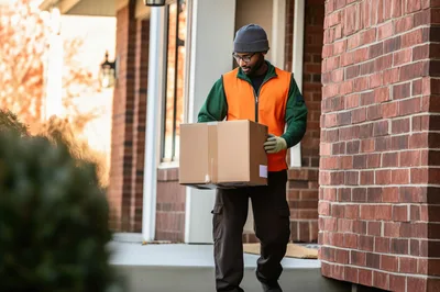 Delivery Driver Carrying Cardboard Package To Front Door