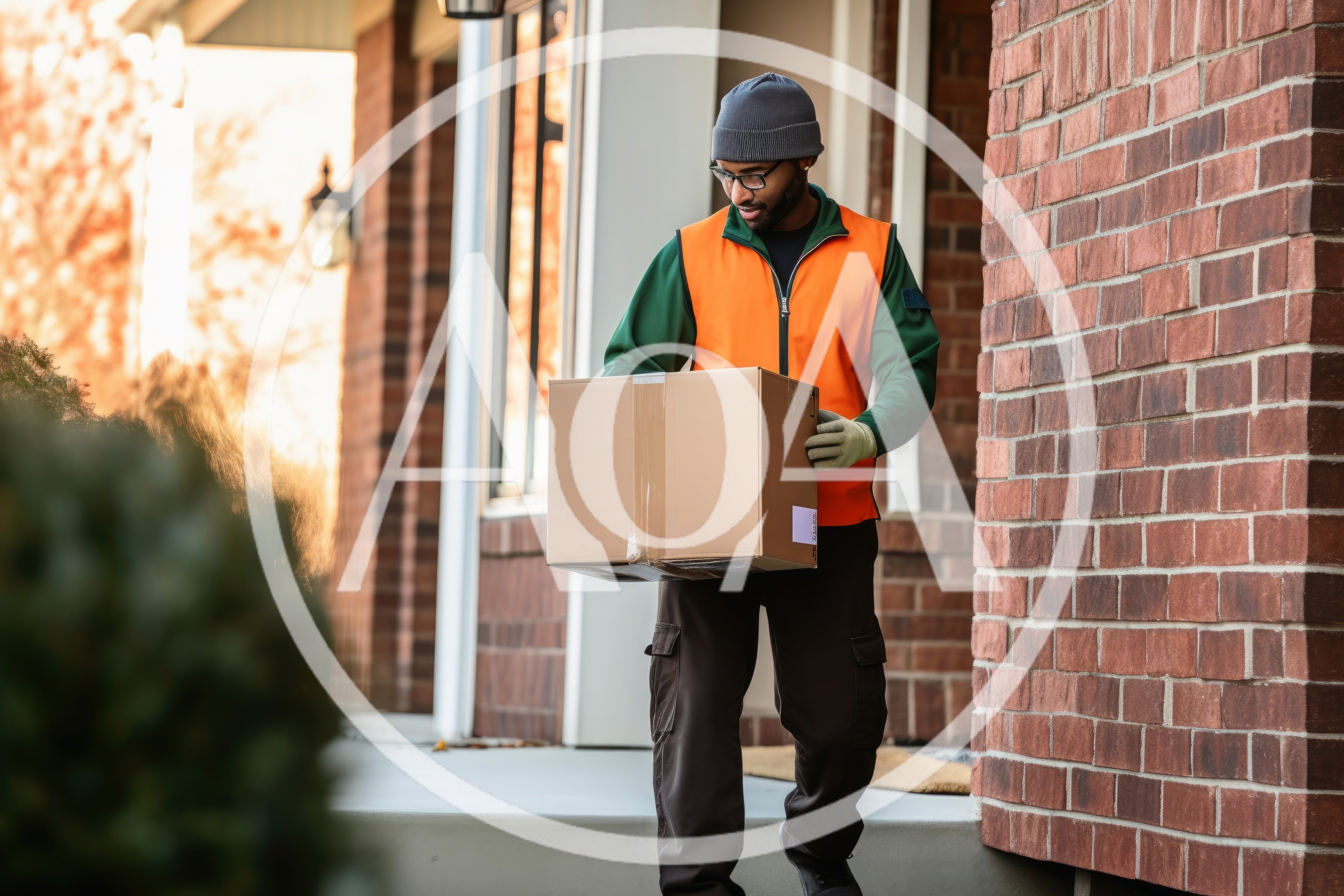 Delivery Driver Carrying Cardboard Package To Front Door