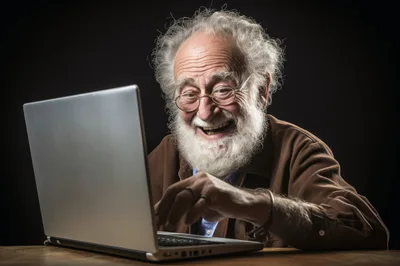 Elderly Man With White Beard Using Laptop Computer