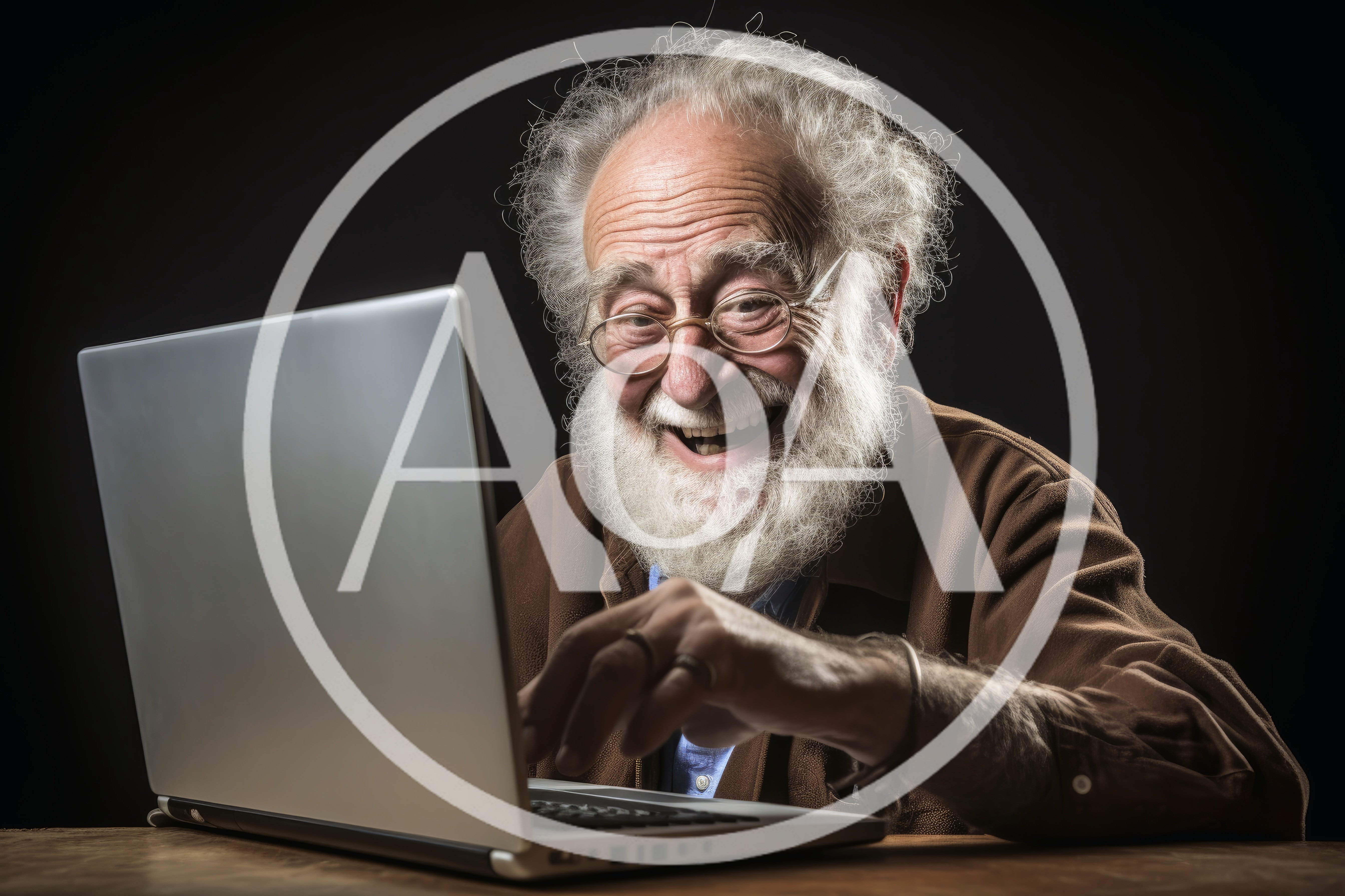 Elderly Man With White Beard Using Laptop Computer