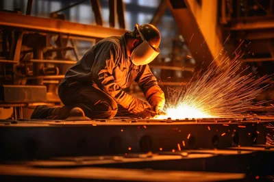 Industrial Metal Worker Grinding Steel In Factory