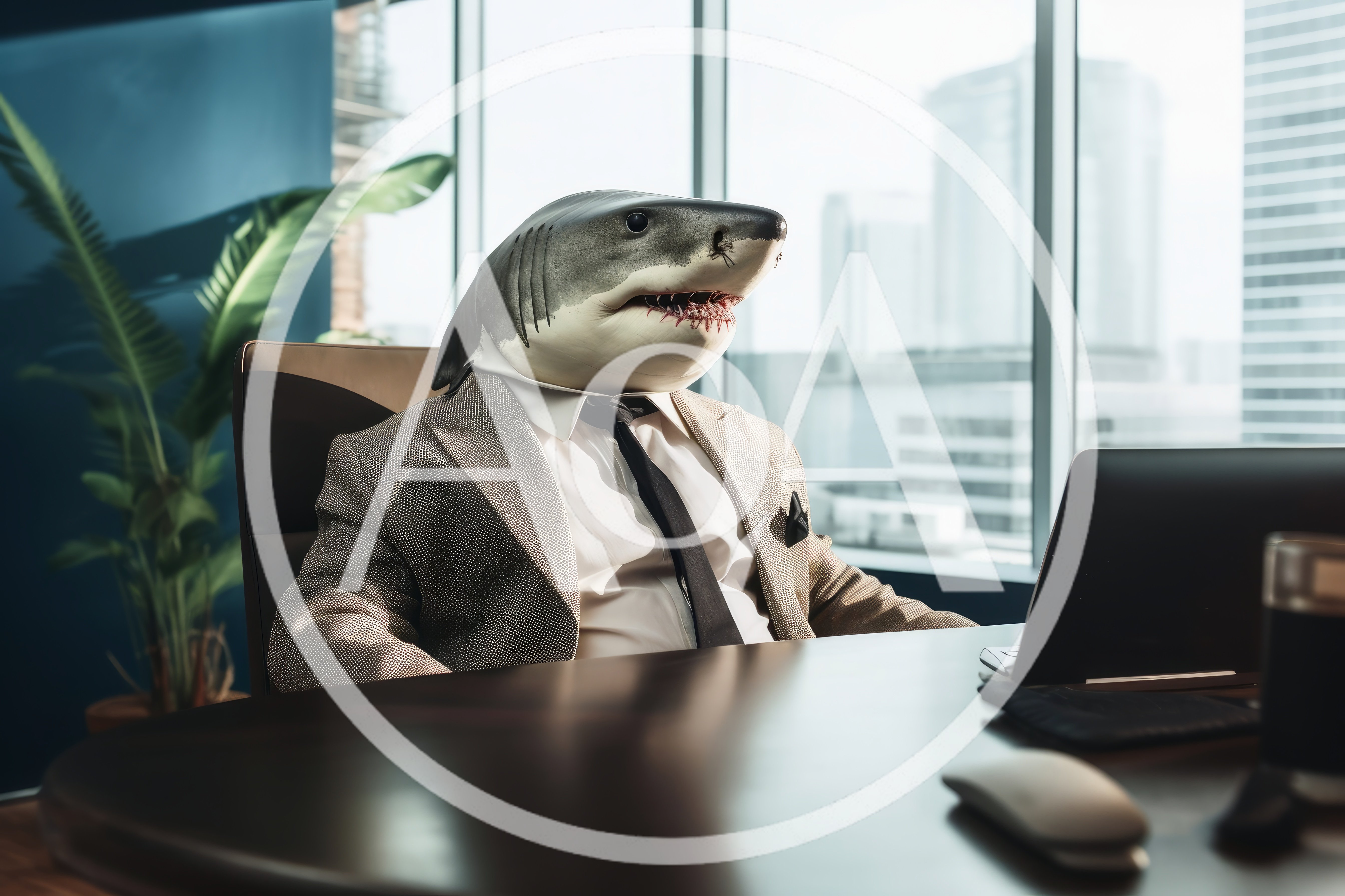 Shark Head Businessman Working In Modern Office