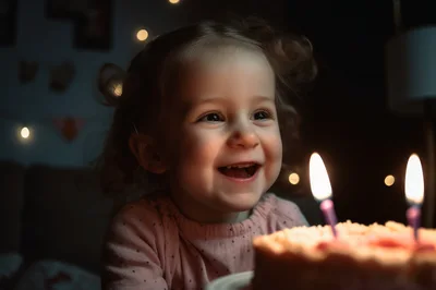 Happy Toddler Girl Celebrating Birthday With Cake