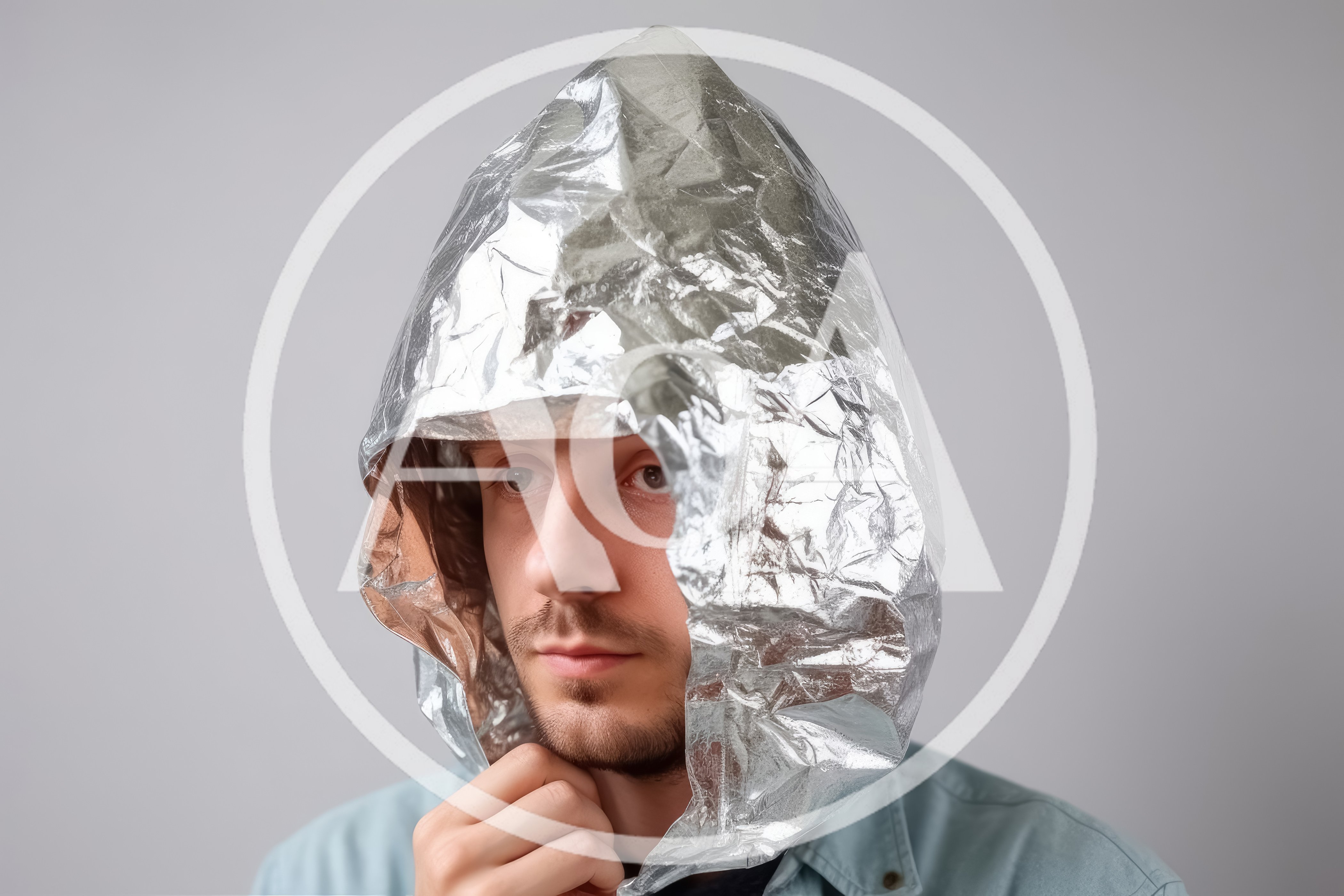 Man Wearing A Homemade Aluminum Foil Hood