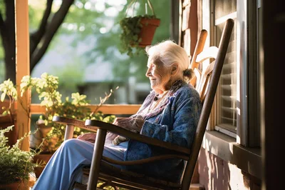 Elderly Woman Relaxing In A Wooden Rocking Chair