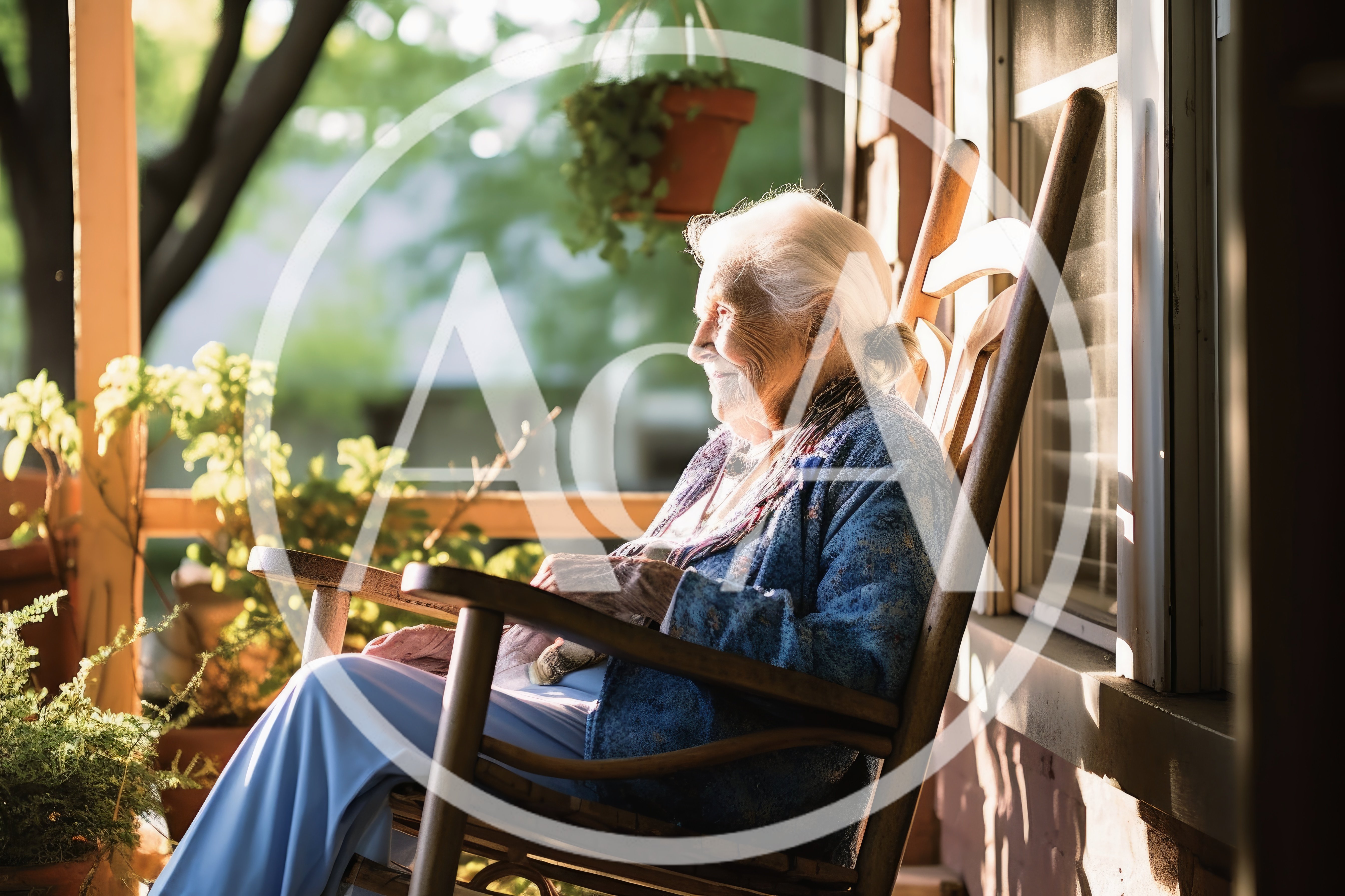 Elderly Woman Relaxing In A Wooden Rocking Chair