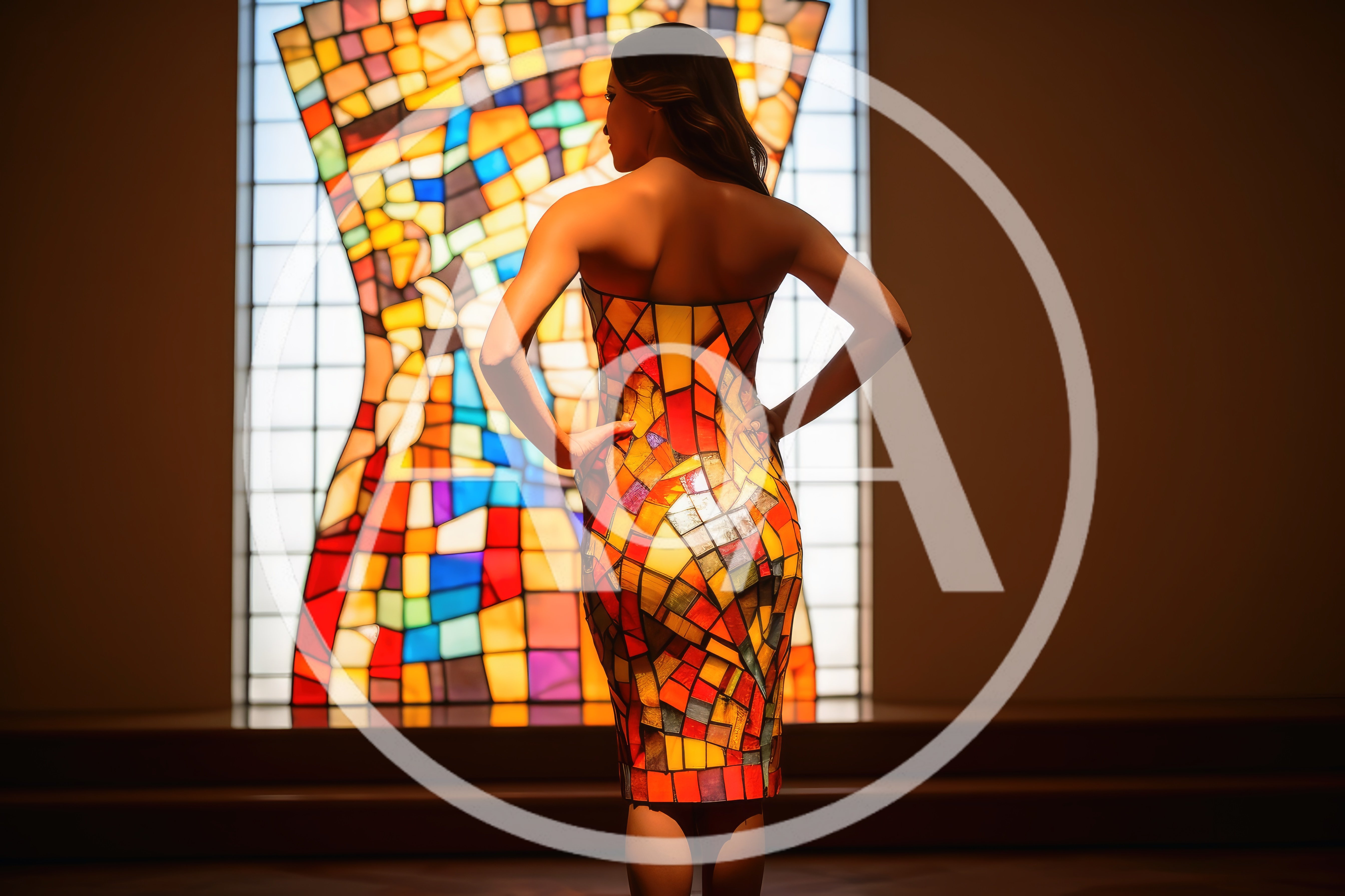 Woman Wearing Stained Glass Pattern Dress Standing Before Window